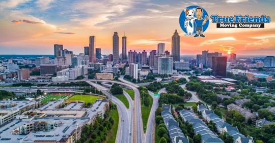Atlanta skyline while the sun sets.